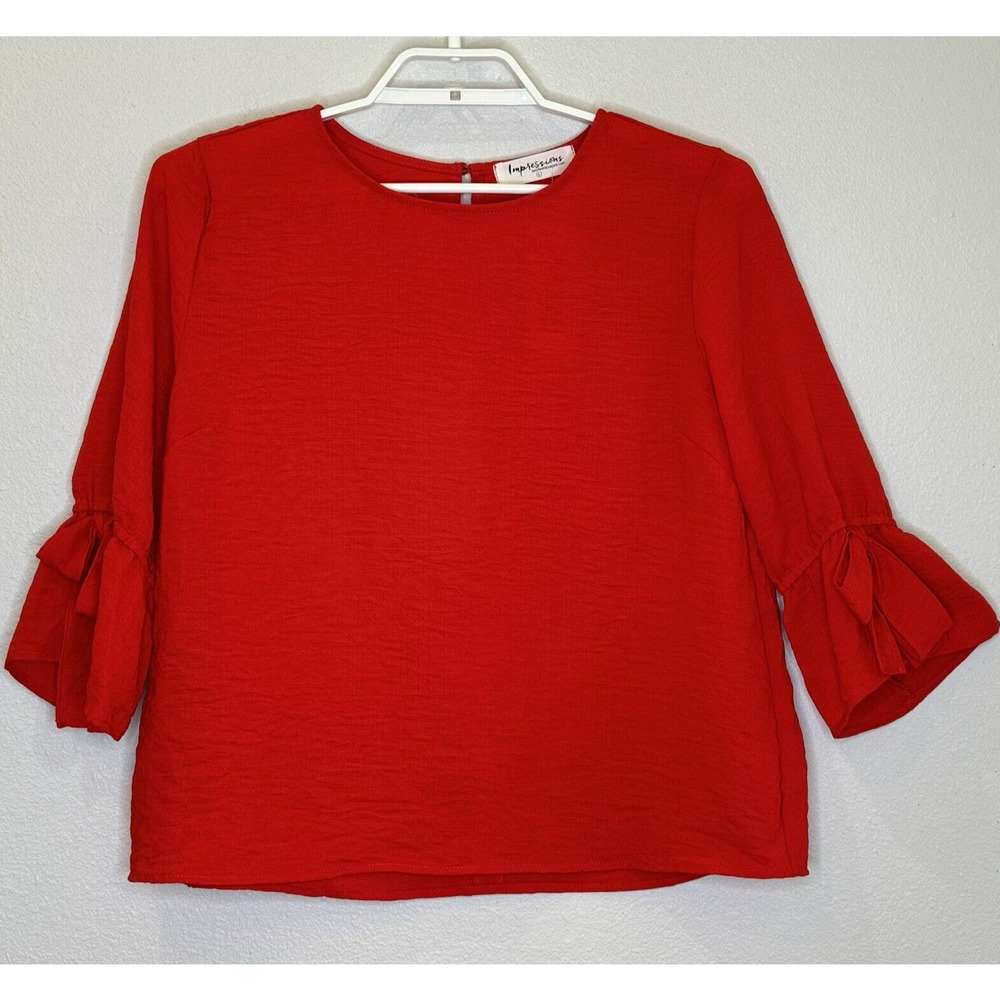 Impressions Womens Top Sz Large Red Crinkle 3/4 Ruffle Tie Sleeve Round Neck NWT